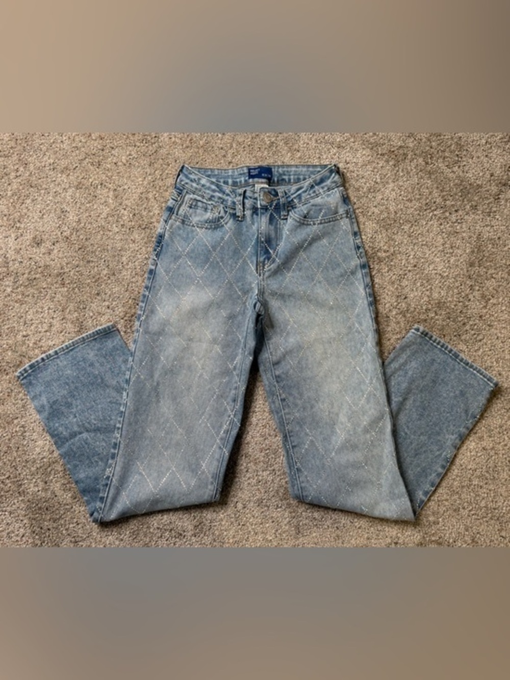 Girls Light Blue Quilted Rhinestone Pattern Jeans